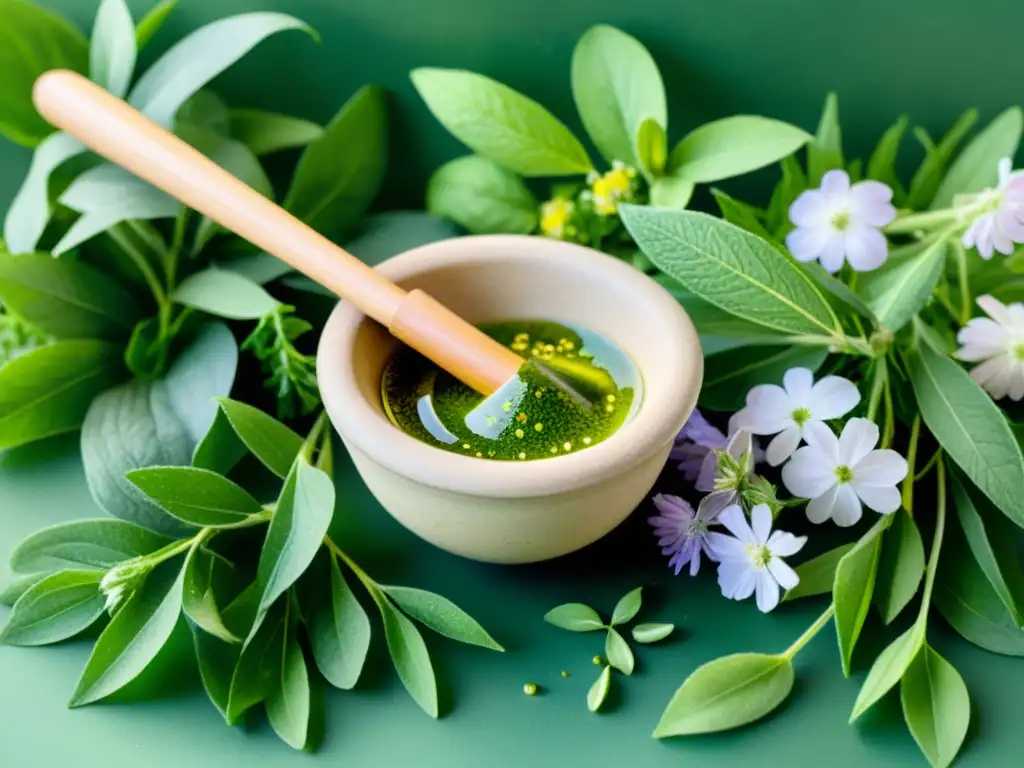 Detalle de preparación pomadas medicinales a base de hierbas, con mortero, hierbas verdes y flores, evocando tranquilidad y curación natural