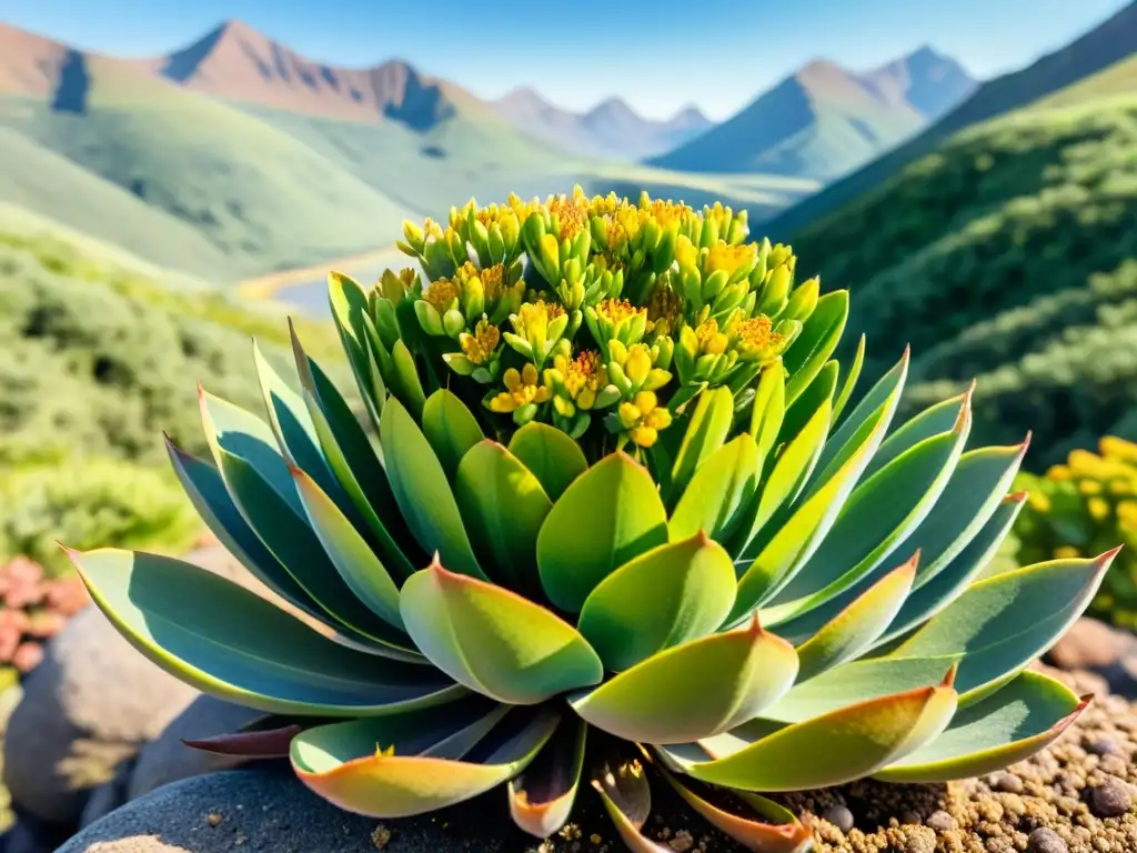 Detalle de una ilustración acuarela de una radiante planta de Rhodiola rosea en un paisaje montañoso sereno