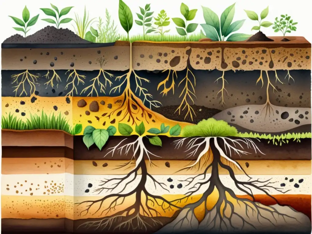 Detalle de suelo con vida: análisis de suelos para cultivo de plantas medicinales en una ilustración acuarela detallada