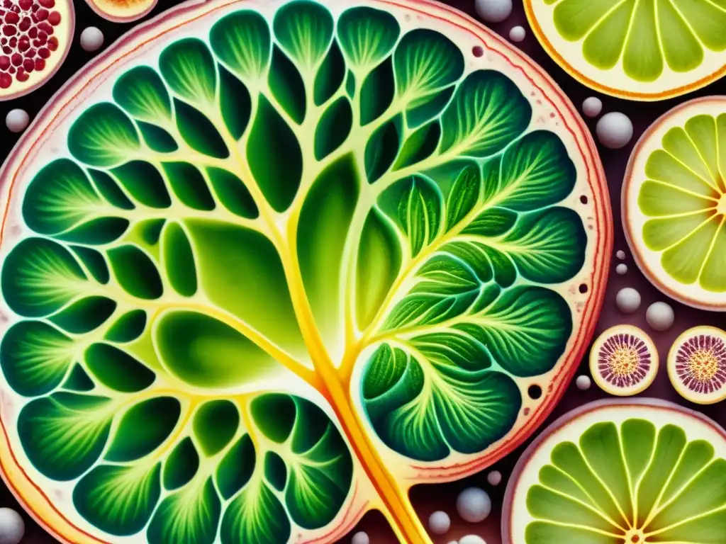 Detalle de un tallo de planta bajo microscopio, mostrando su estructura celular en una ilustración acuarela detallada