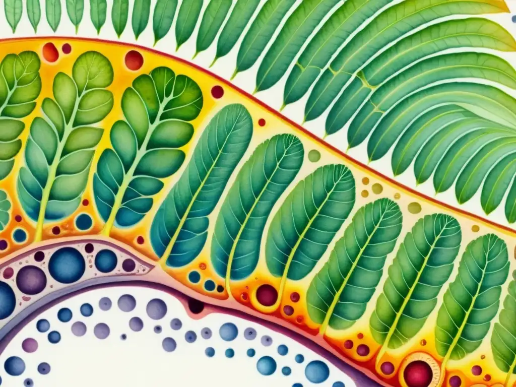 Detalle acuarela de tejido vegetal bajo microscopio, destacando la estructura celular y fitoquímicos