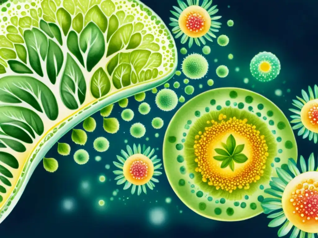 Detalle de ilustración acuarela: Terapia con nanopartículas vegetales para enfermedades crónicas, células afectadas responden con esperanza y curación