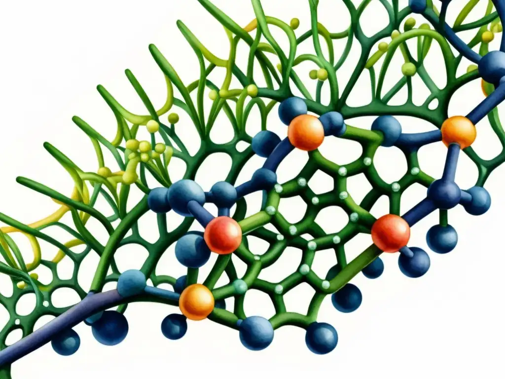 Detalle vibrante del complejo polisacárido vegetal con funciones inmunoestimulantes, capturando su estructura molecular con precisión y belleza