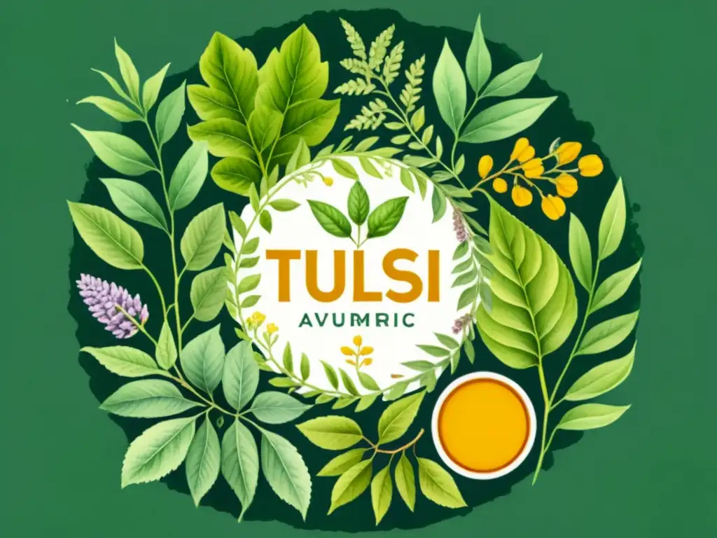 Detalle vibrante de hierbas ayurvédicas como tulsi, jengibre y cúrcuma en acuarela, emanando armonía natural y energía curativa