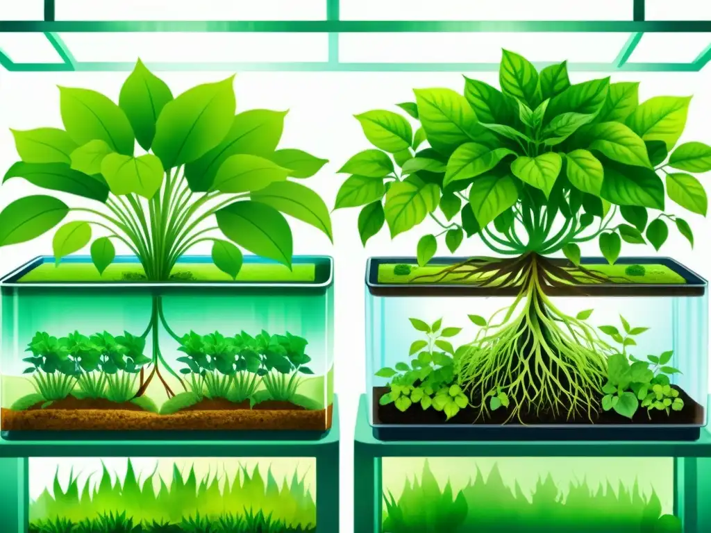 Detalle vibrante de sistemas hidropónicos: recirculación vs sistema abierto, mostrando flujo de agua, raíces y distribución de nutrientes