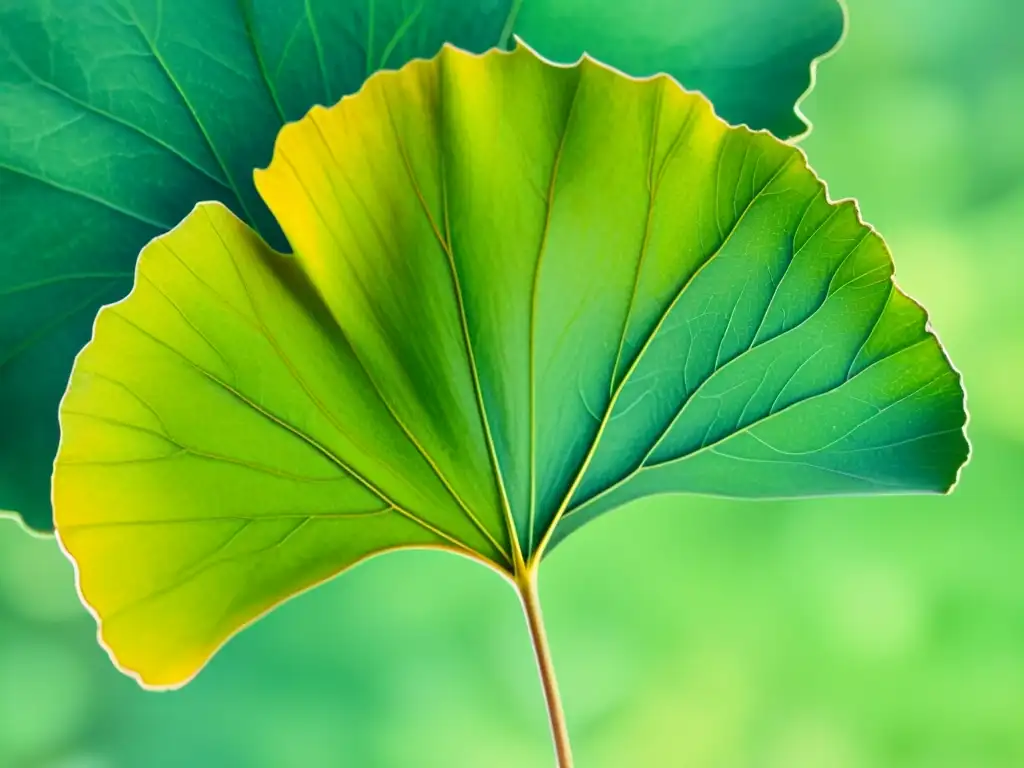 Detalle vívido de hoja de ginkgo biloba en acuarela, capturando su esencia natural