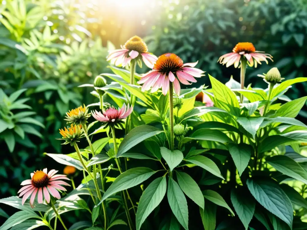 Detalle vívido de plantas medicinales fortalecer sistema inmune en exuberante jardín ilustrado con acuarelas