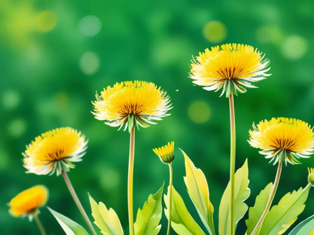 Dibujo acuarela de un diente de león en plena floración, con detalles precisos y un fondo verde exuberante