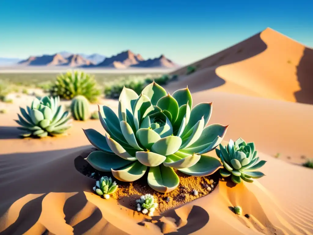 Un dibujo de acuarela de una suculenta verde vibrante en un desierto árido