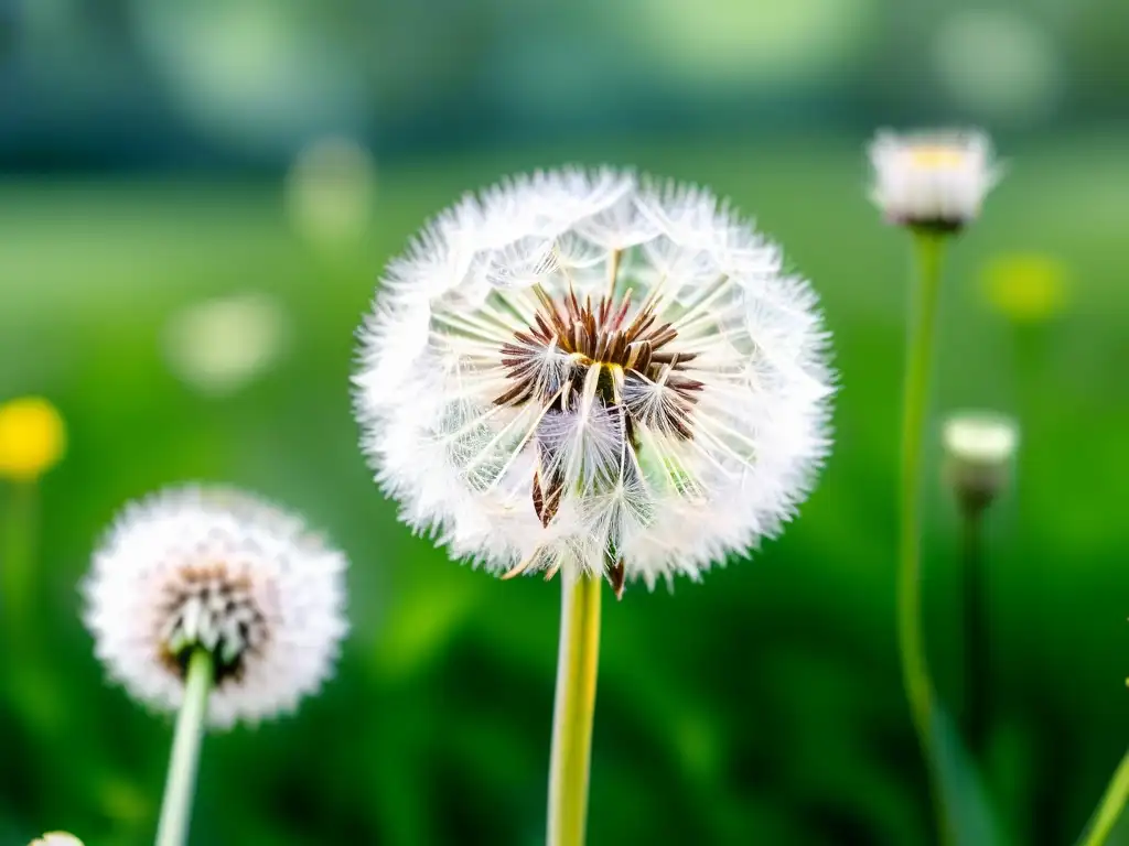 Diente de león beneficios salud renal: Detallada acuarela de un campo vibrante de dientes de león, transmitiendo serenidad y belleza natural