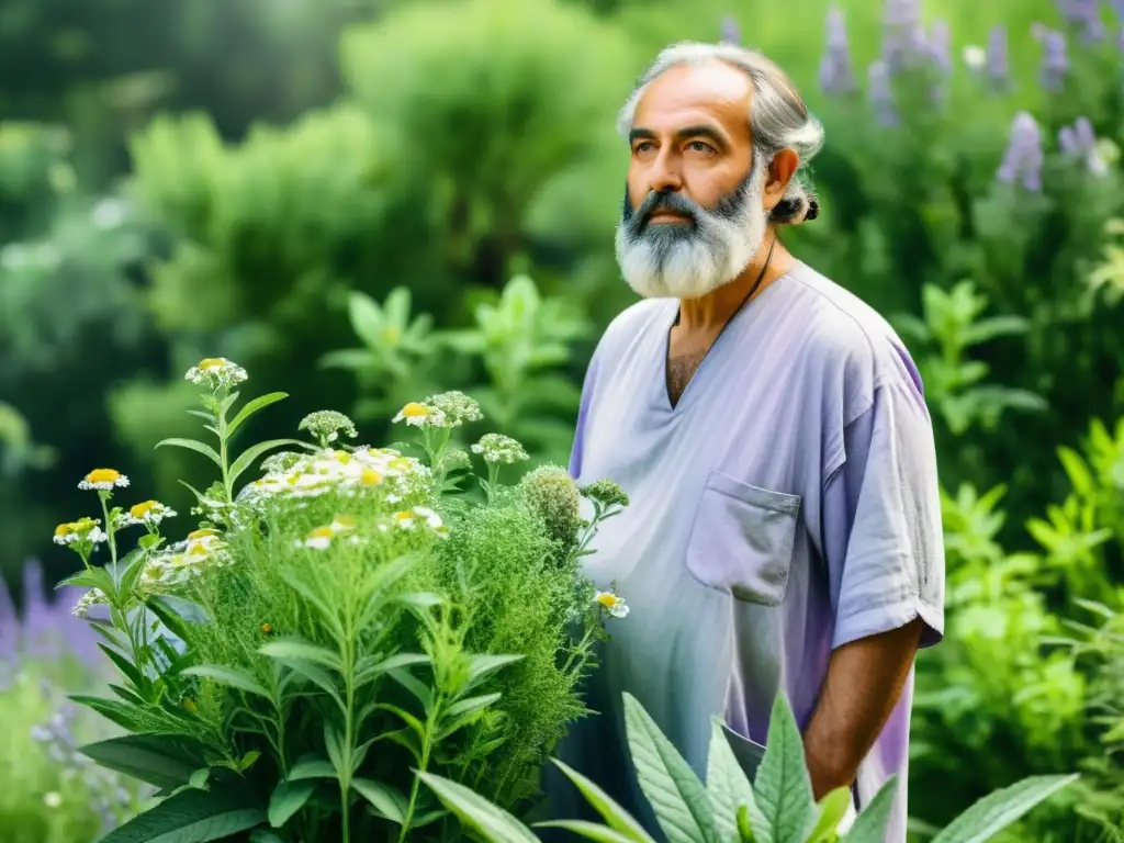 Ilustración acuarela de Dioscórides en jardín con hierbas medicinales