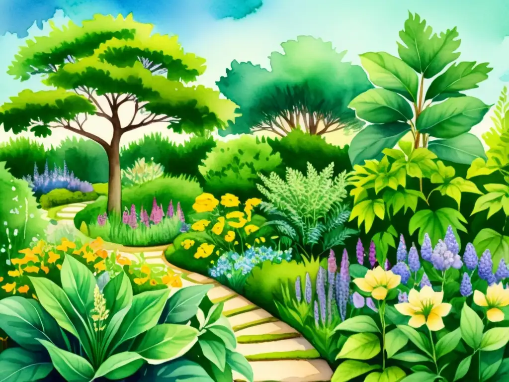 Diseño de jardín de plantas medicinales: ilustración detallada de un exuberante jardín con plantas curativas, colores vibrantes y armonía serena