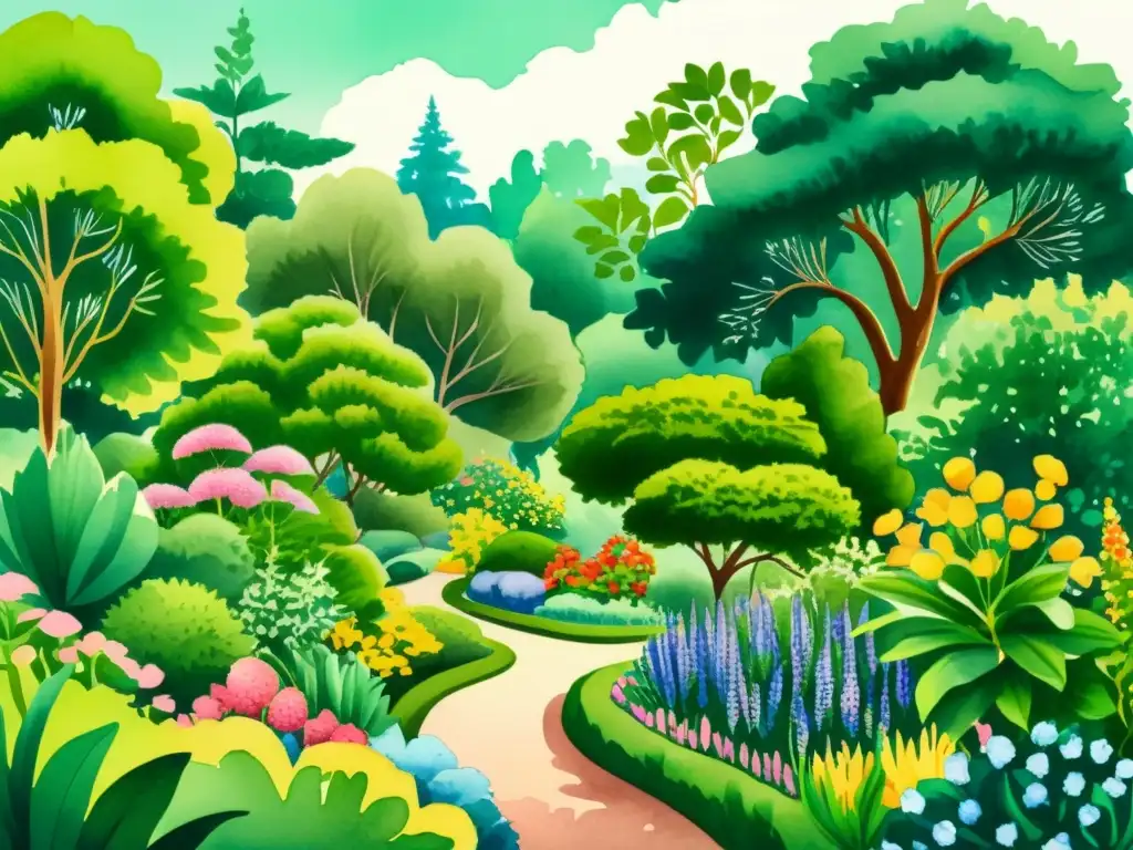 Un jardín botánico diverso y vibrante, con una rica variedad de especies vegetales que evocan admiración por la naturaleza