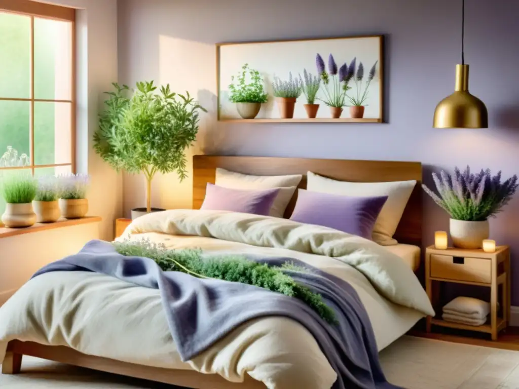 Serena habitación con hierbas relajantes: ilustración acuarela Un dormitorio sereno en acuarela con suplementos de hierbas medicinales de calidad para un sueño reparador