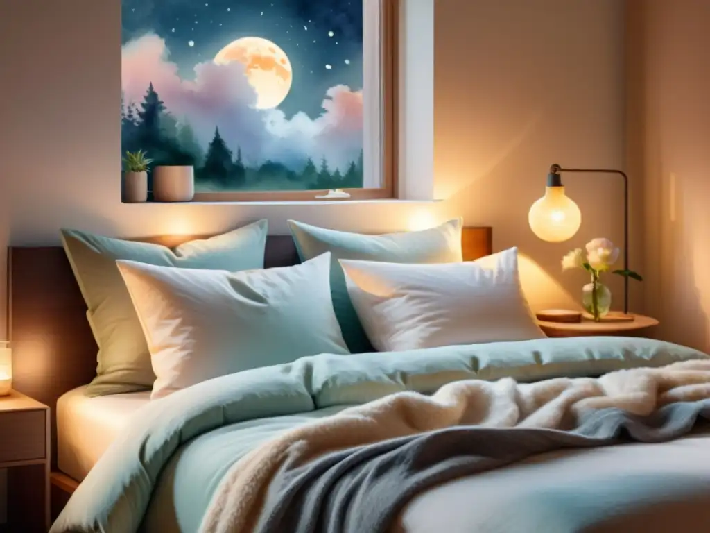 Escena de dormitorio tranquilo en acuarelas Un dormitorio tranquilo con suaves pinceladas de acuarela, una atmósfera acogedora y relajante