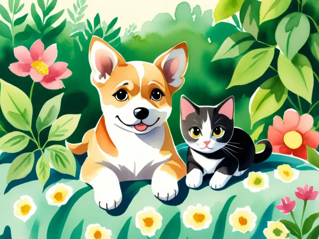Tiernas mascotas disfrutando la tranquilidad entre flores Dulce escena de cachorro y gatito descansando entre la naturaleza, transmitiendo calma y confort
