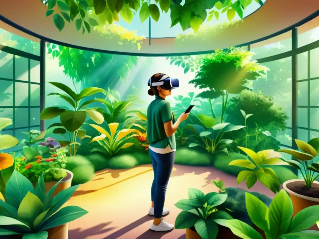 Exploración educativa en realidad virtual de plantas medicinales en un jardín vibrante