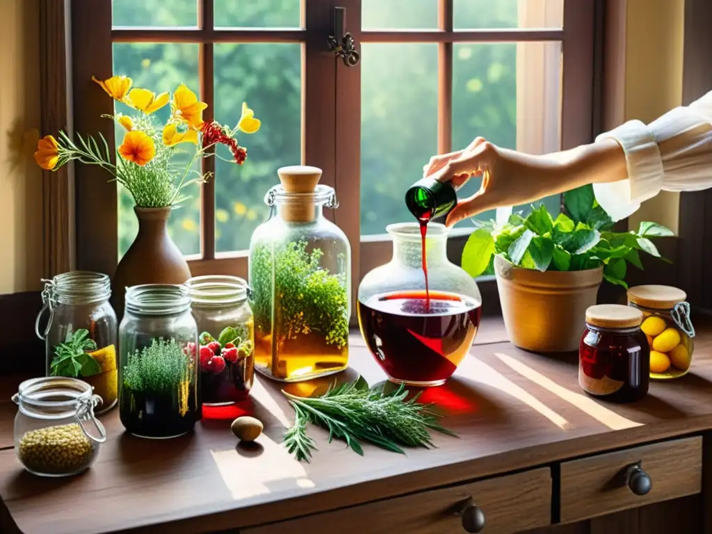 Elaboración artesanal de vino medicinal a base de hierbas en una mesa rústica con botellas y frascos de colores, bañados por la cálida luz del sol