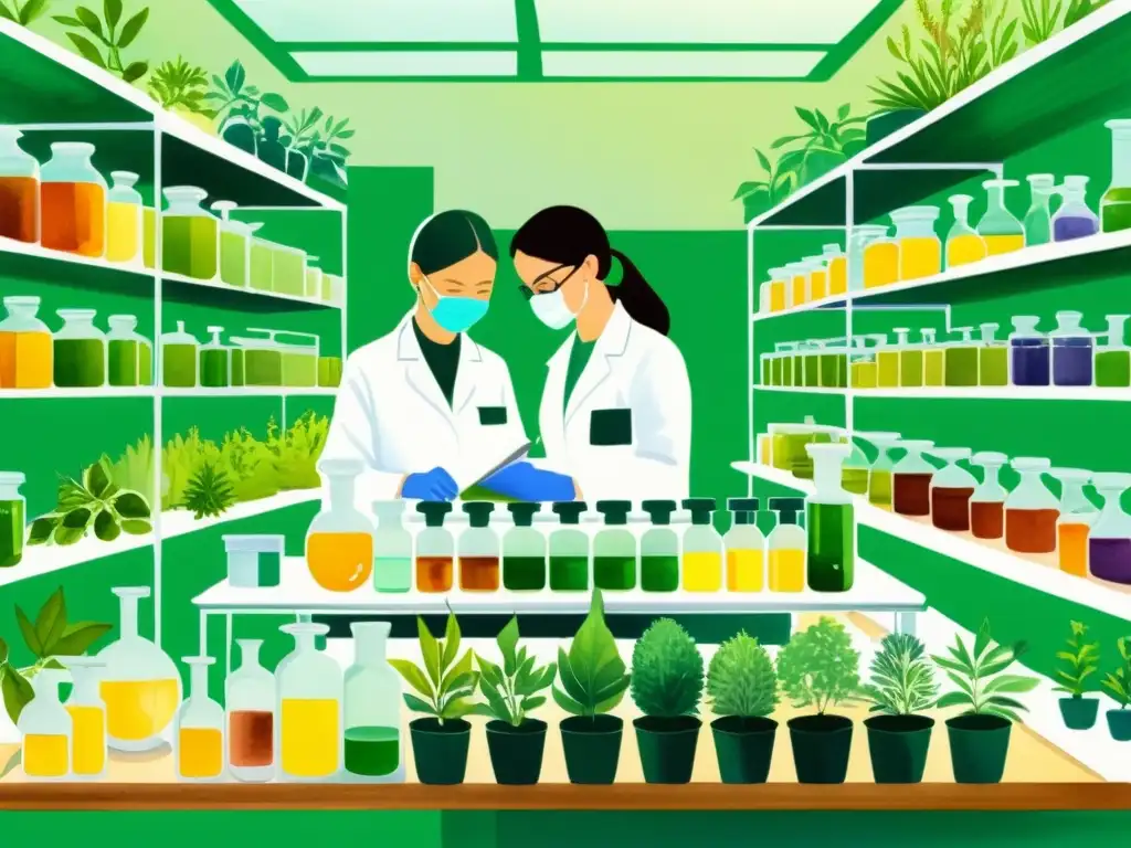 Elaboración cuidadosa de extractos de plantas medicinales de alta calidad en un laboratorio vibrante y detallado