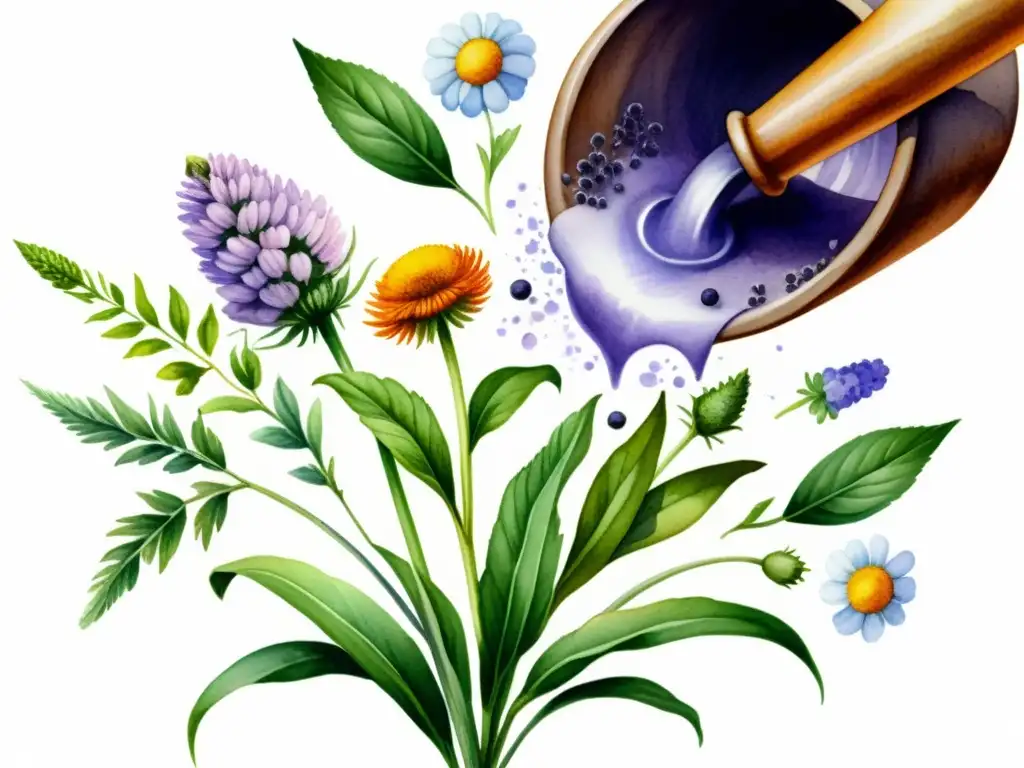 Elaboración de extractos de plantas medicinales de calidad, ilustración acuarela de mortero y mano de mortero moliendo plantas medicinales vibrantes