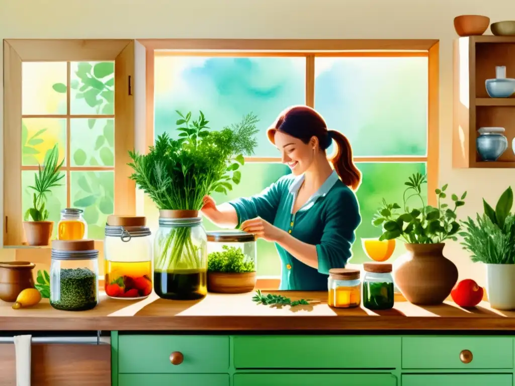 Elaboración de productos naturales en casa: Acuarela vibrante de una cocina acogedora llena de ingredientes naturales, luz solar y encanto artesanal