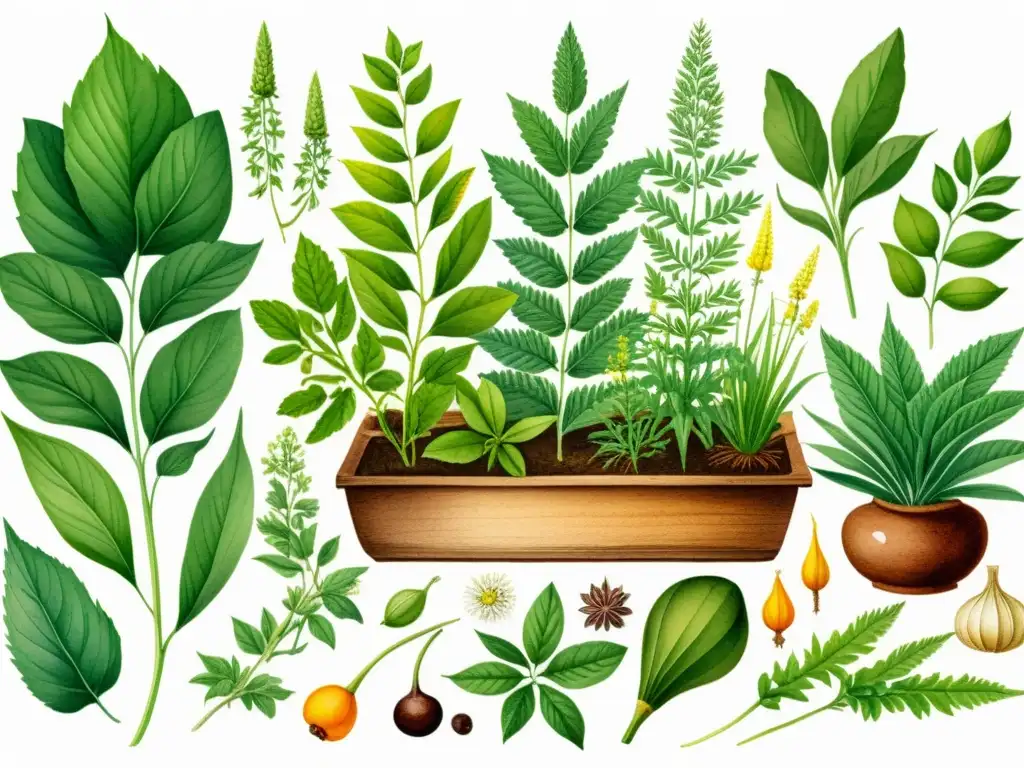 Elaboración de tinturas medicinales caseras: ilustración detallada de plantas medicinales transformándose en tinturas vibrantes