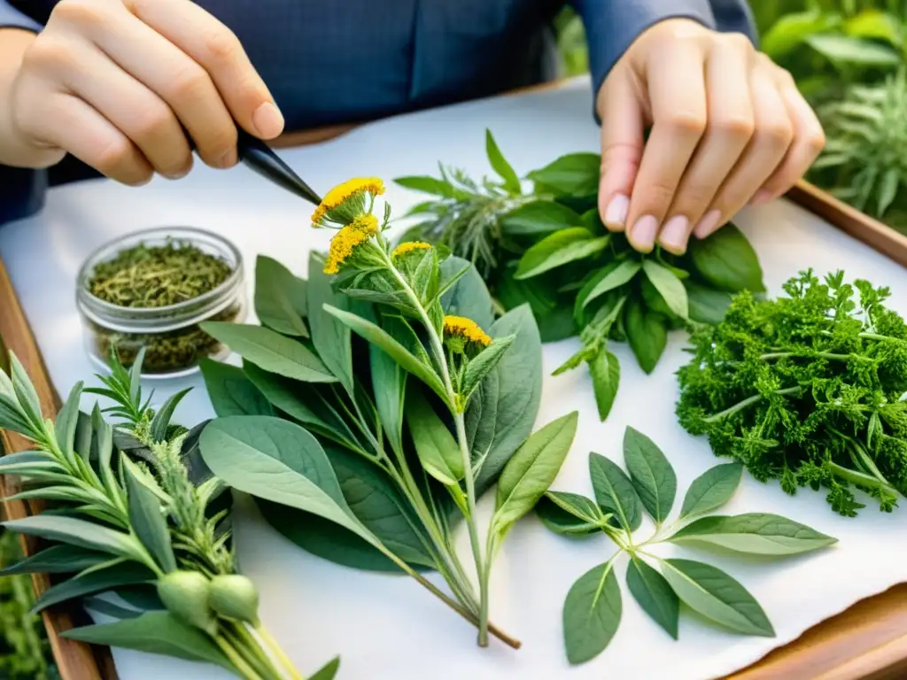 Elaboración de tónicos y tinturas de plantas medicinales con detalle y color vibrante, mostrando la experticia y belleza de la medicina herbal