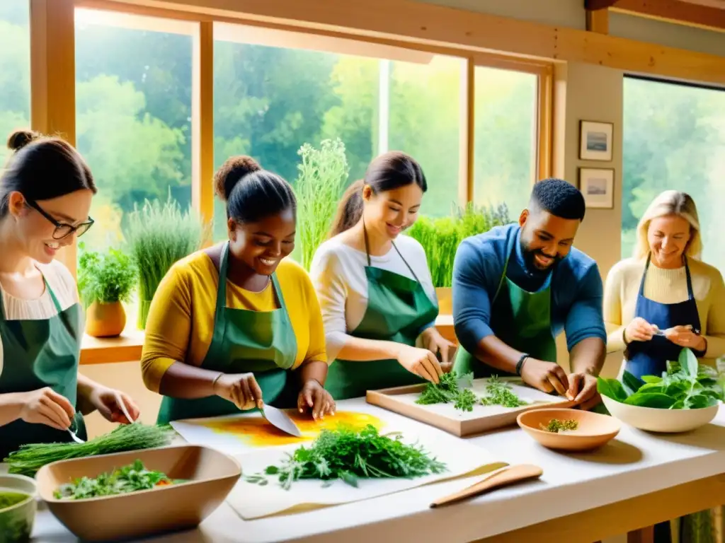 Un emocionante taller de elaboración de productos naturales en casa, donde personas diversas colaboran creativamente entre ingredientes naturales