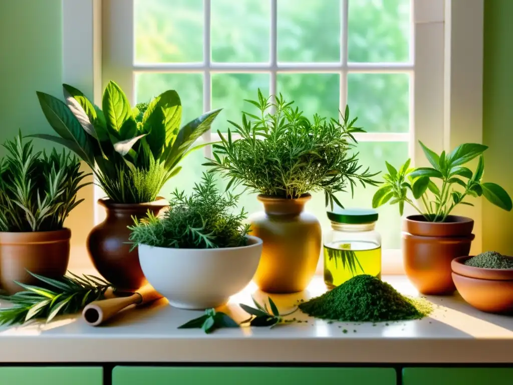 Una encantadora ilustración acuarela de hierbas medicinales en la cocina, bañada por la luz del sol