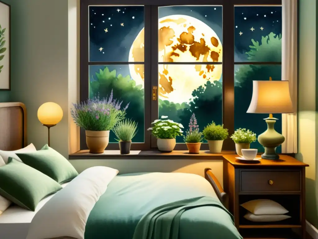 Habitación de ensueño iluminada por la luna, con hierbas relajantes para mejorar el sueño y un té reconfortante en la mesita de noche