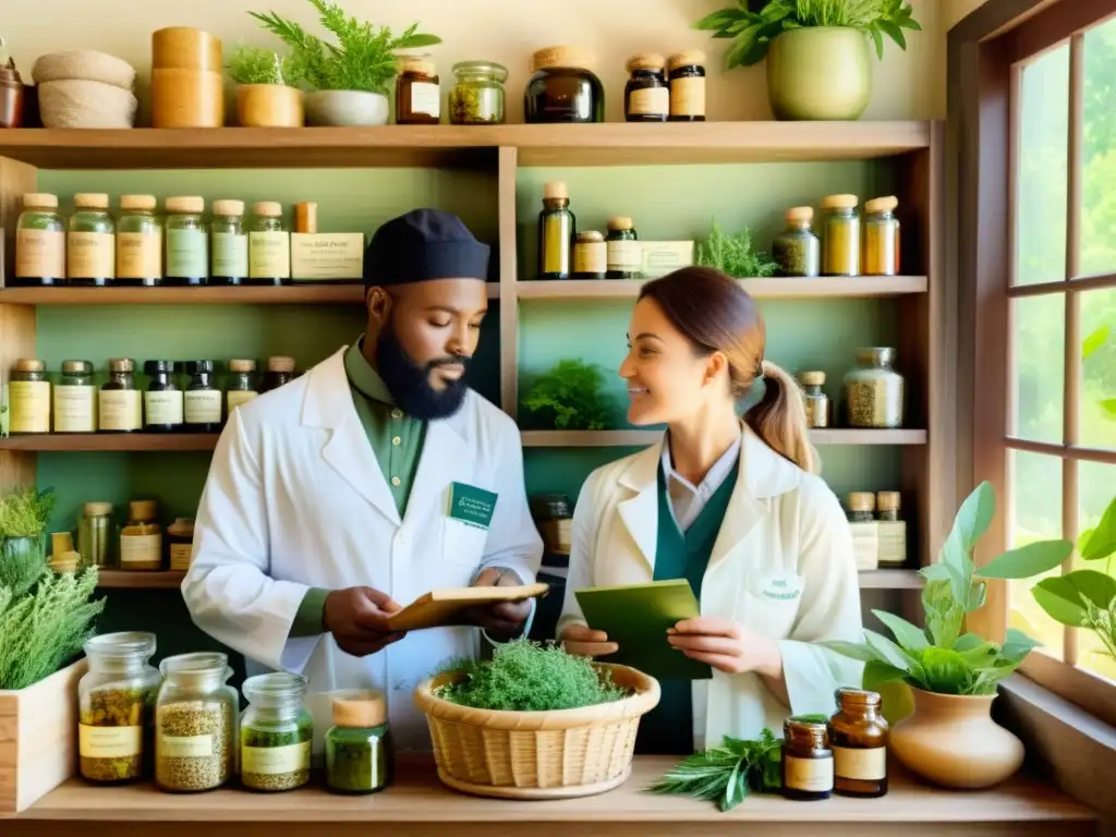 Una escena acogedora en una botica rústica con un farmacéutico y un herbolario discutiendo rodeados de plantas medicinales