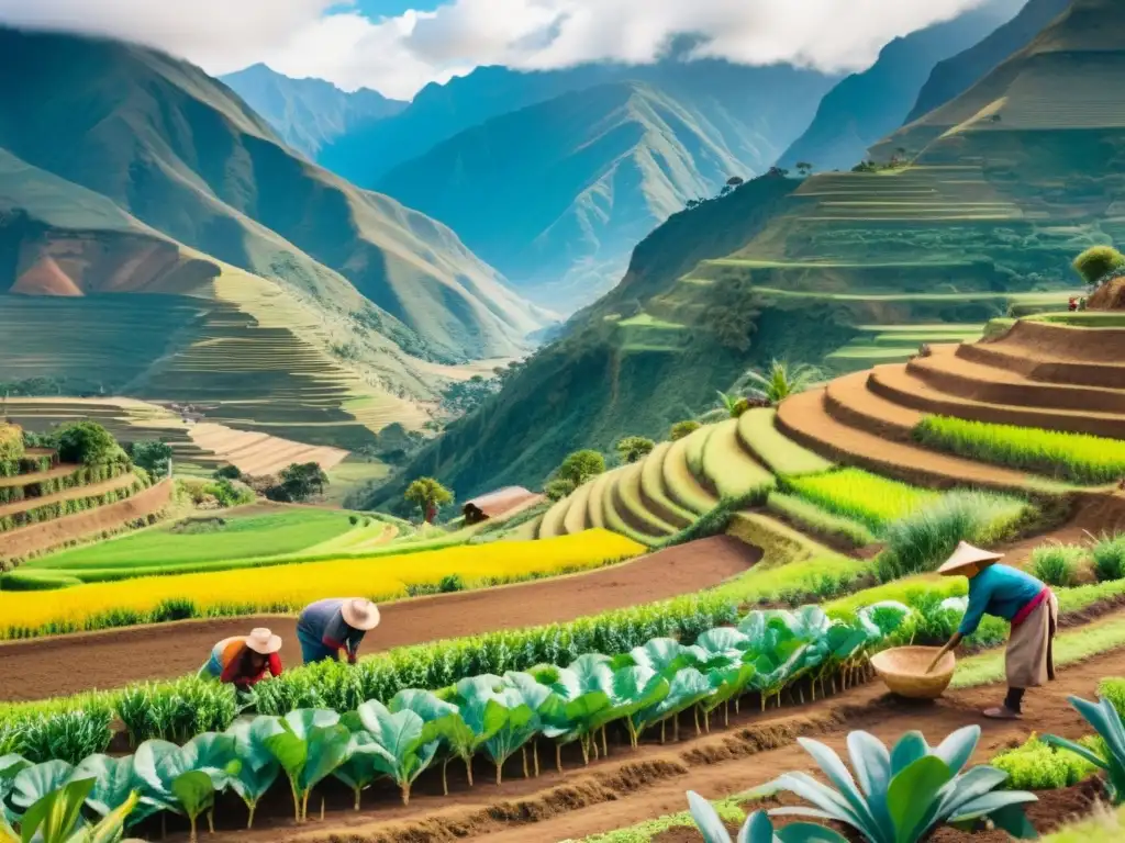 Escena andina: agricultores cultivando maca en terrazas, rodeados de montañas