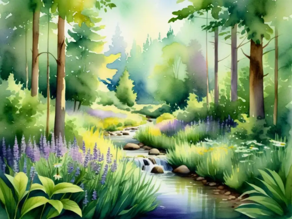 Escena de bosque verde y sereno con plantas medicinales vibrantes Escena de bosque sereno con plantas medicinales vibrantes y técnicas de cosecha plantas medicinales, transmitiendo belleza natural y tranquilidad
