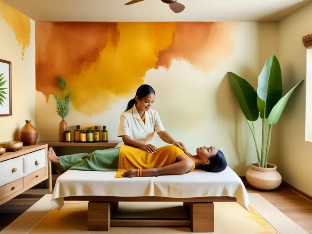 Escena calmada en una sala de tratamiento Ayurveda, con tonos terrosos y toques vibrantes de cúrcuma y jengibre