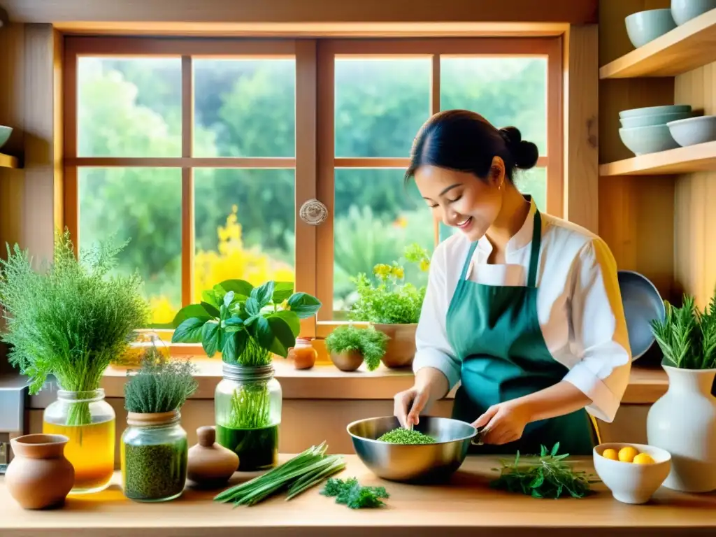 Escena de cocina ancestral con plantas medicinales en acuarela vibrante