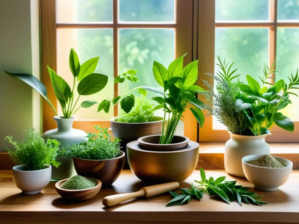 Escena de cocina con hierbas y plantas en la encimera de madera