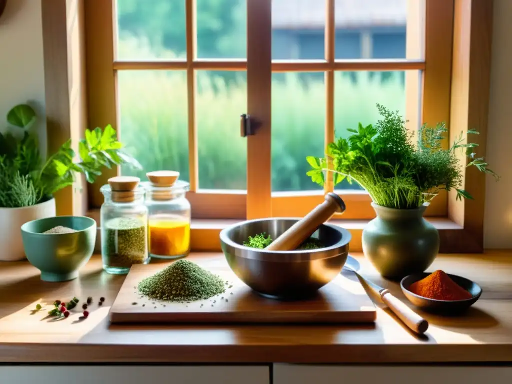 Una escena de cocina serena con hierbas y especias, bañada por la luz del sol