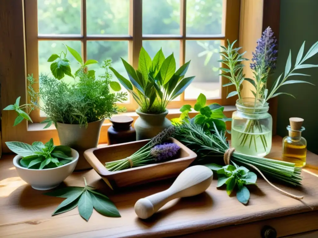 Una escena detallada de hierbas medicinales recién cosechadas en una mesa de madera rústica