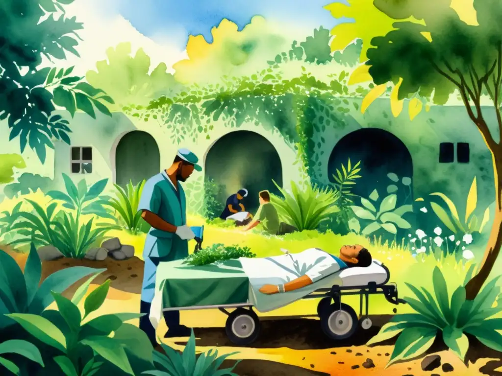 Escena detallada de un hospital de campaña en un paisaje de guerra, con médicos atendiendo a heridos entre plantas medicinales en tiempos de guerra