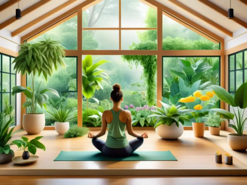 Escena de estudio de yoga sereno con plantas medicinales y beneficios para la salud de yoga