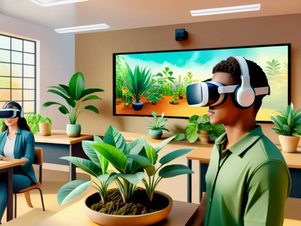 Escena de herbolaria con realidad virtual en aula, estudiantes y plantas vibrantes