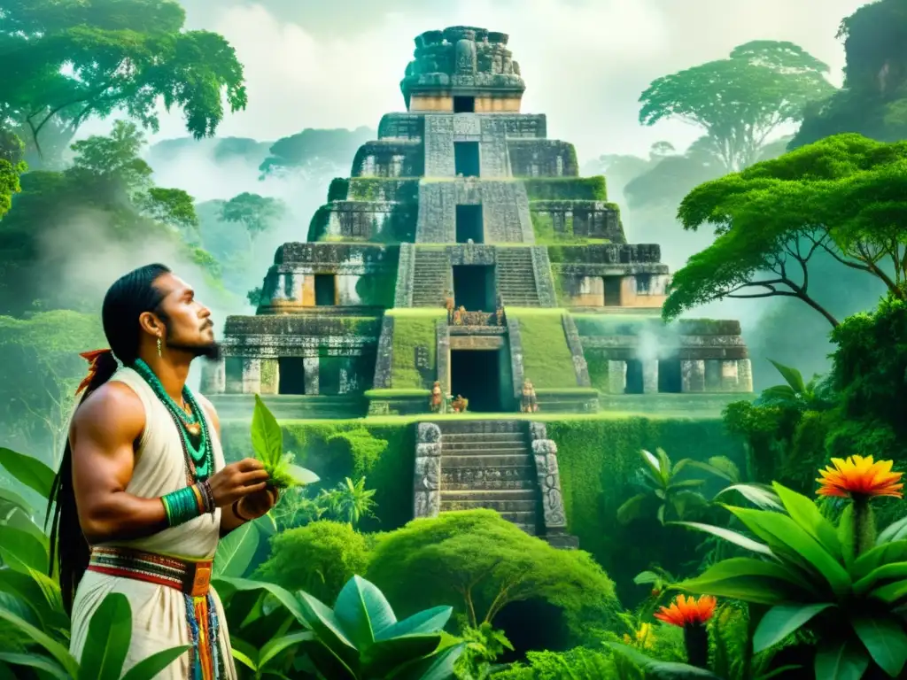 Una escena de la civilización maya con un chamán recolectando hierbas en la exuberante jungla