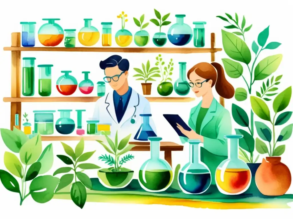 Escena de investigación ética de plantas medicinales en laboratorio con científicos y vegetación exuberante