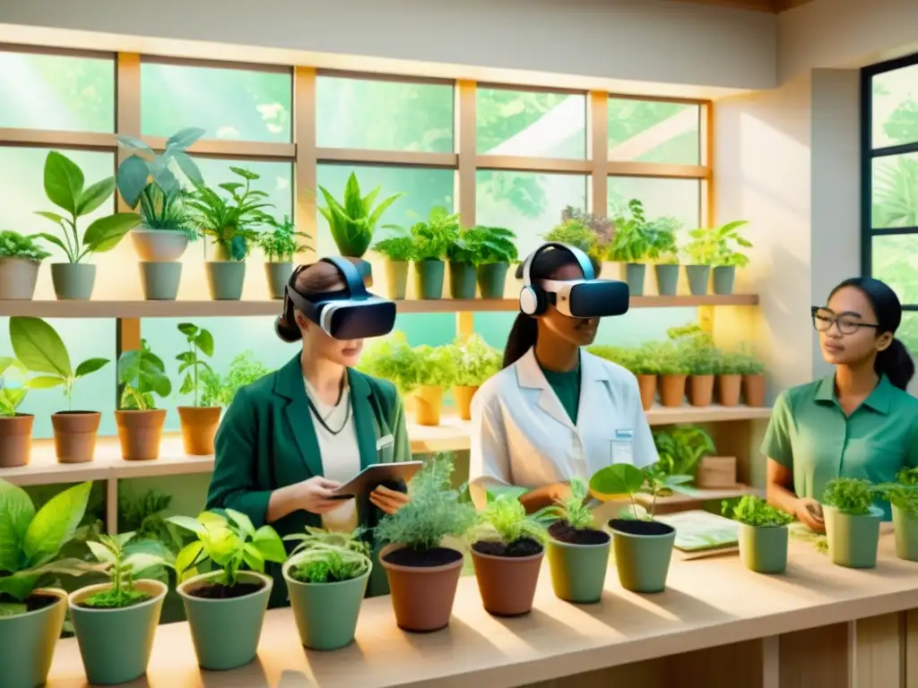 Escena serena de aula de herbología clínica con simuladores de realidad virtual, estudiantes y plantas exuberantes