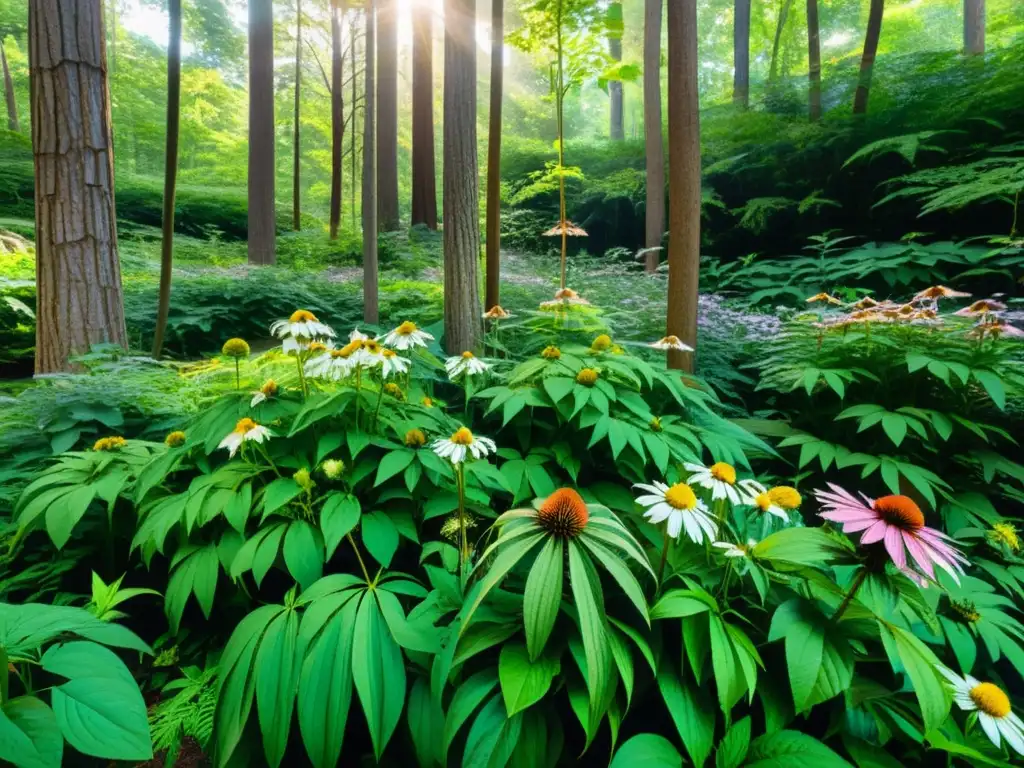 Jardín botánico medicinal en el bosque: armonía terapéutica Escena serena en el bosque con plantas medicinales, destacando la relación armoniosa entre terapia natural y entorno sostenible