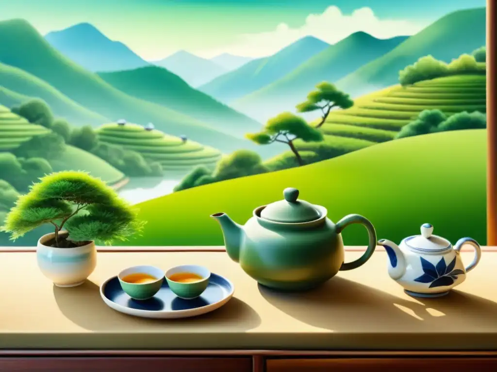 Una escena serena de ceremonia del té, con hojas de té verde en una tetera tradicional