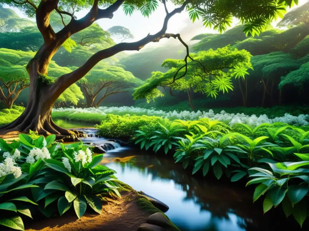 Escena serena de un exuberante bosque tropical con un imponente árbol de neem