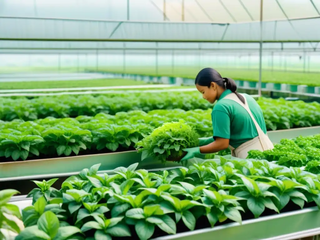 Una escena serena de una granja hidropónica con plantas medicinales exuberantes siendo cosechadas con cuidado por trabajadores