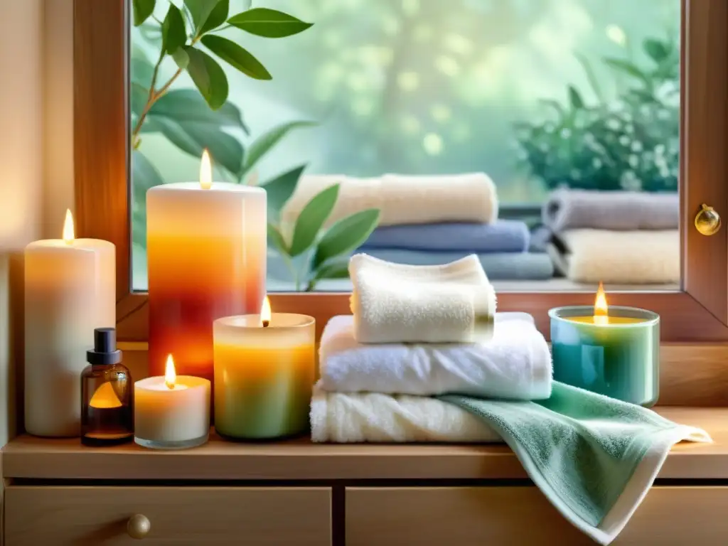 Escena tranquila de baño con ilustración en acuarela: aceites esenciales, velas perfumadas y toalla suave