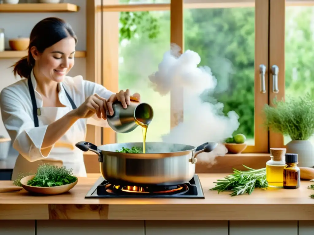 Escena tranquila en cocina con aceites esenciales, creando una nube aromática